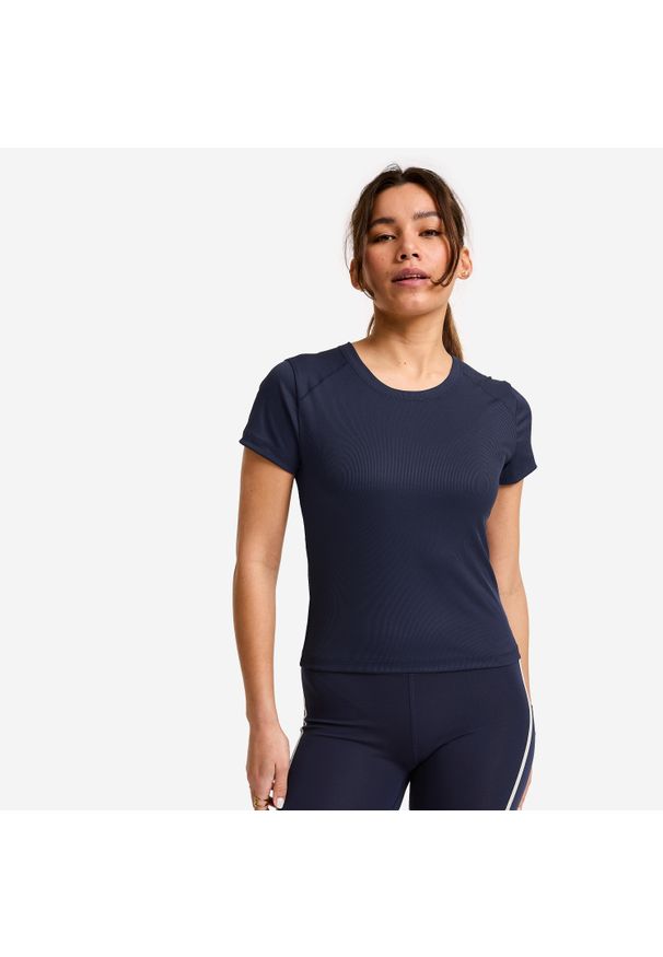 DOMYOS - Koszulka fitness damska Domyos prążkowana. Kolor: niebieski. Materiał: poliester, elastan, materiał. Sport: fitness