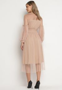 Born2be - Ciemnobeżowa Rozkloszowana Sukienka Tiulową z Koronką Llaudia. Kolor: beżowy. Materiał: tiul, koronka. Wzór: koronka #4
