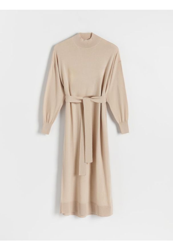 Reserved - Wełniana sukienka midi - beżowy. Kolor: beżowy. Materiał: wełna. Długość: midi