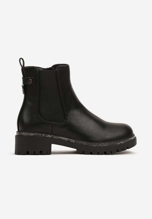 Born2be - Czarne Botki Sztyblety na Płaskiej Podeszwie Zdobione Cyrkoniami Allenia. Kolor: czarny. Materiał: jeans. Wzór: aplikacja. Obcas: na płaskiej podeszwie