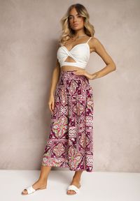 Renee - Fioletowe Spodnie Kuloty z Bawełny High Waist z Gumką w Pasie Palovia. Stan: podwyższony. Kolor: fioletowy. Materiał: bawełna. Sezon: lato