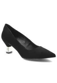 CheBello - Czarne Czółenka Chebello Zamszowe Obuwie Damskie Na Obcasie. Kolor: czarny. Materiał: zamsz. Wzór: geometria. Obcas: na obcasie. Styl: wizytowy, klasyczny. Wysokość obcasa: niski #1