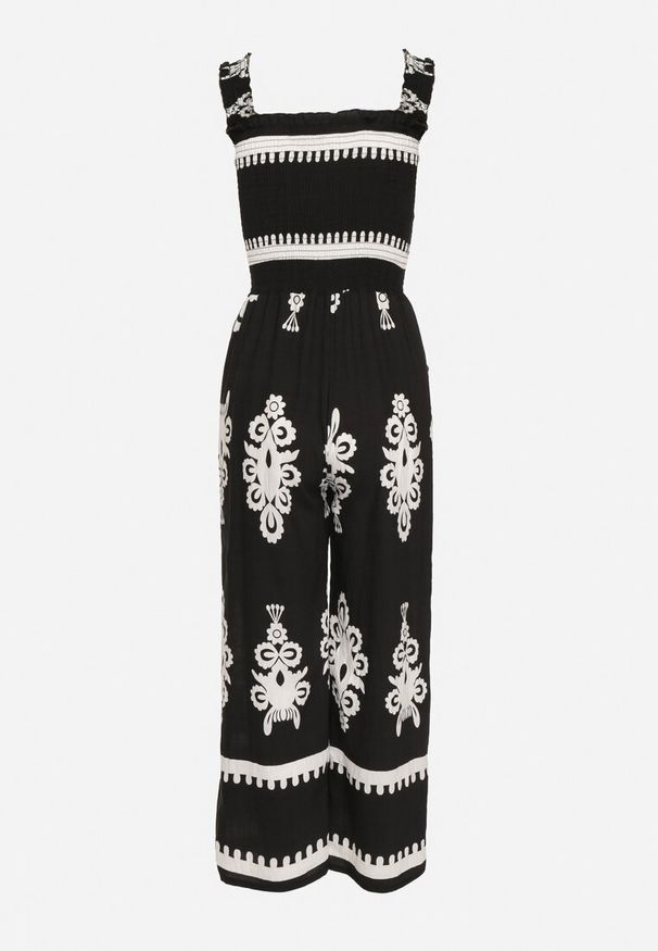 Born2be - Czarny Wiskozowy Kombinezon na Ramiączkach z Szeroką Nogawką Sonavirea. Okazja: na co dzień, na spacer. Kolor: czarny. Materiał: wiskoza. Długość rękawa: na ramiączkach. Długość: długie. Wzór: aplikacja. Styl: klasyczny, casual