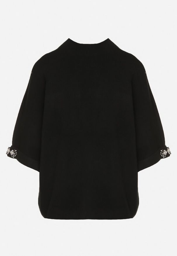 Born2be - Czarny Sweter Ozdobiony na Rękawach Cyrkoniami Aletusa. Okazja: na co dzień. Kolor: czarny. Materiał: jeans. Wzór: aplikacja. Styl: casual, elegancki