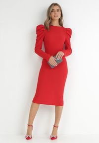 Born2be - Czerwona Sukienka Taliowana z Bufiastym Rękawem Omono. Kolor: czerwony. Długość: midi #6