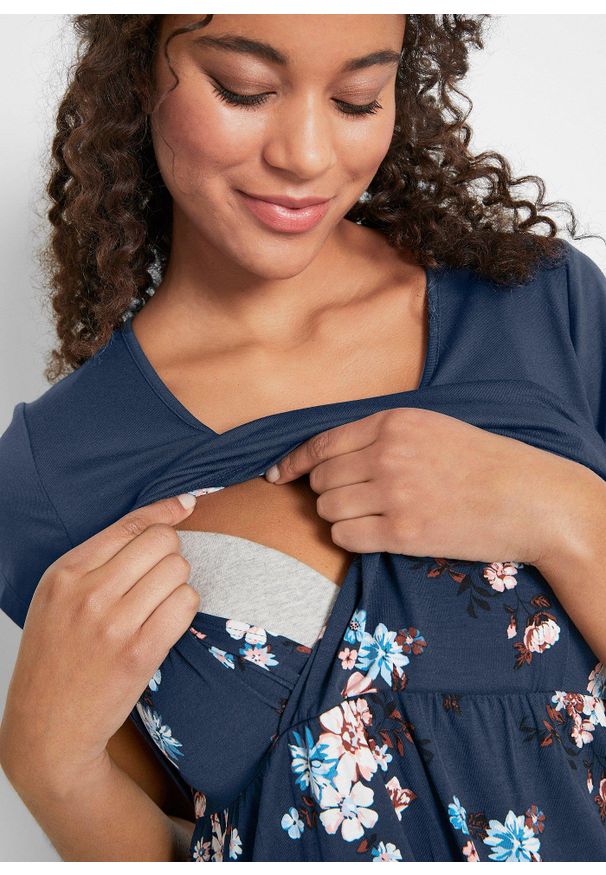 bonprix - Sukienka ciążowa i do karmienia piersią 2 w 1 z dżerseju z wiskozy. Kolekcja: moda ciążowa. Kolor: niebieski. Materiał: jersey, wiskoza, materiał. Wzór: kwiaty. Sezon: lato