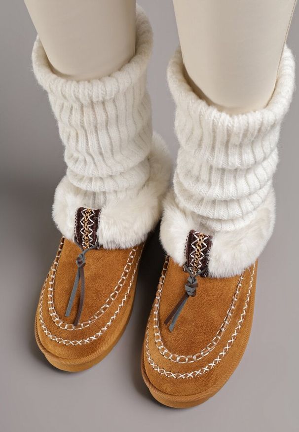 Born2be - Brązowe Śniegowce na Grubej Podeszwie z Futerkiem i Przeszciami Linafra. Okazja: na co dzień. Kolor: brązowy. Materiał: futro. Styl: casual, elegancki