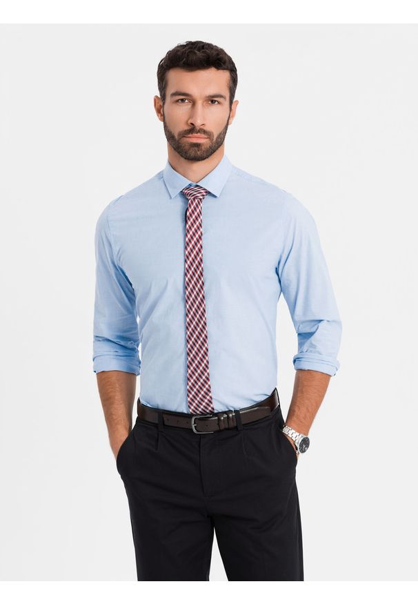 Ombre Clothing - Bawełniana klasyczna koszula REGULAR - błękitna V1 - Rozmiar: L. Typ kołnierza: kołnierzyk klasyczny. Kolor: niebieski. Materiał: bawełna. Długość rękawa: długi rękaw. Długość: długie. Styl: klasyczny