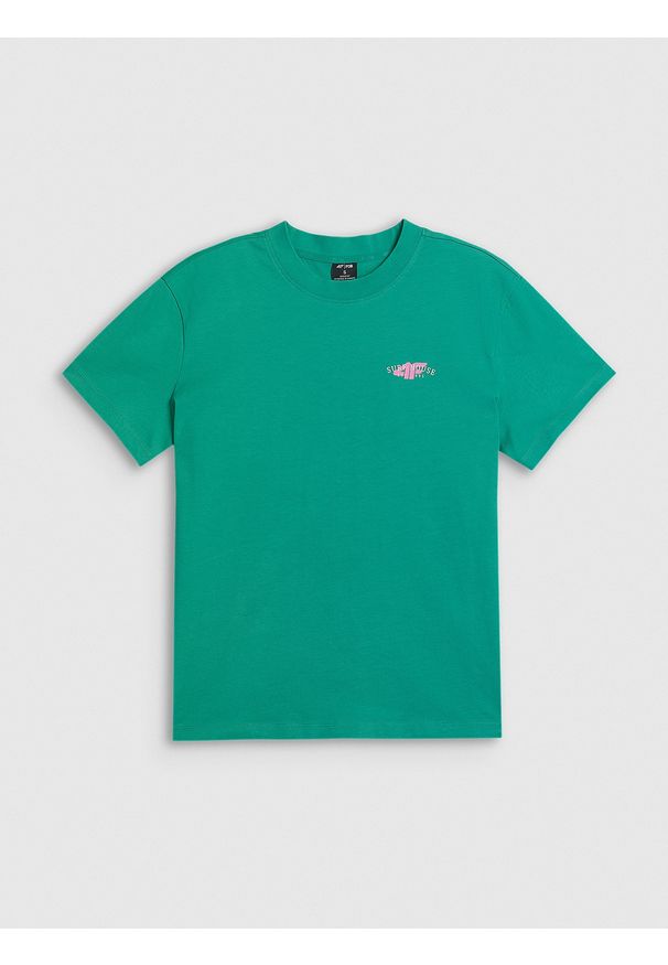 4f - 4F T-shirt loose z nadrukiem damski - zielony L. Okazja: do pracy, na co dzień, na spacer, na plażę. Kolor: zielony. Materiał: bawełna, dzianina. Wzór: nadruk. Sezon: lato. Styl: sportowy, klasyczny, wakacyjny, casual