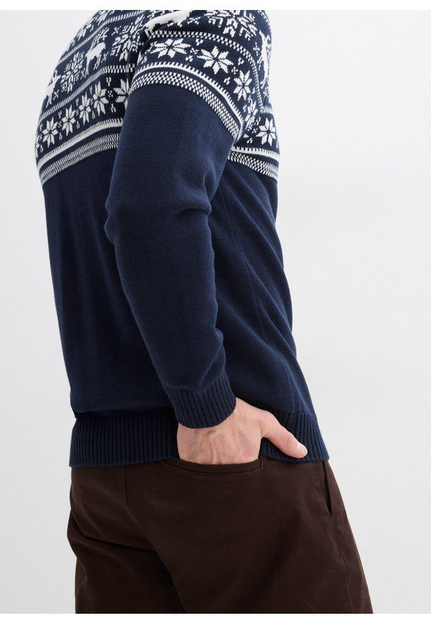 bonprix - Sweter norweski rozpinany z przyjemnej dla skóry czystej bawełny. Kolor: niebieski. Materiał: skóra, bawełna