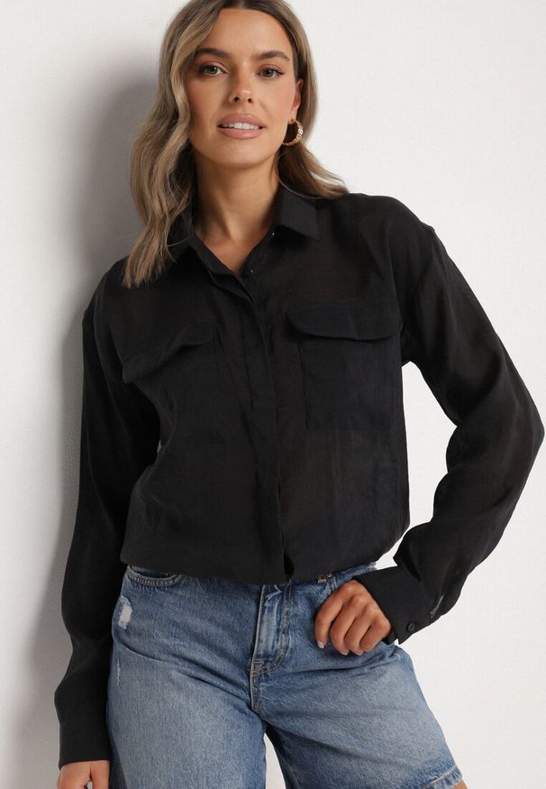 Born2be - Czarna Koszula z Modalem i Ozdobnymi Kieszeniami Mavisene. Okazja: na co dzień. Kolor: czarny. Materiał: jeans. Styl: klasyczny, casual, elegancki