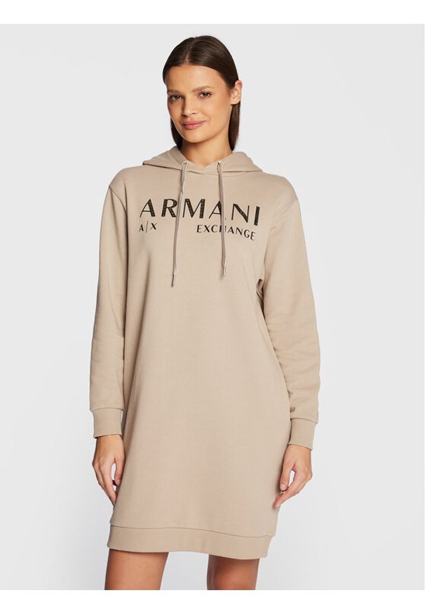 Sukienka dzianinowa Armani Exchange. Kolor: beżowy. Materiał: bawełna, dzianina