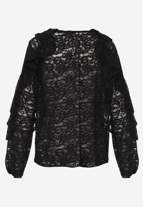 Renee - Czarna Koronkowa Bluzka z Falbankami Sewrana. Typ kołnierza: kołnierz z falbankami. Kolor: czarny. Materiał: koronka. Styl: elegancki