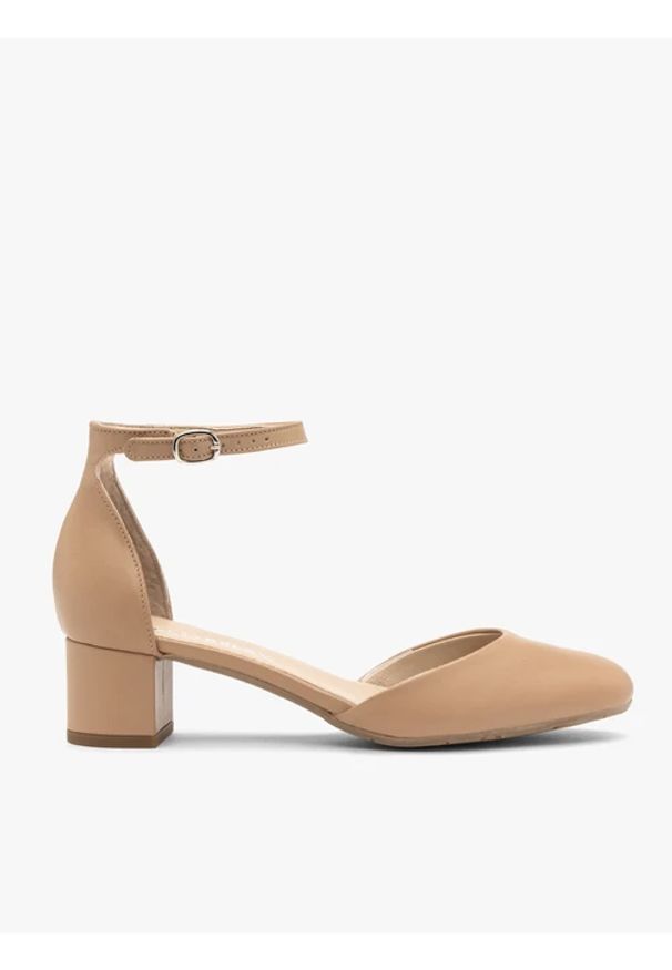 Ryłko - Beżowe czółenka z paskiem wokół kostki. Nosek buta: okrągły. Zapięcie: pasek. Kolor: beżowy. Materiał: skóra. Szerokość cholewki: normalna. Obcas: na obcasie. Styl: street. Wysokość obcasa: średni