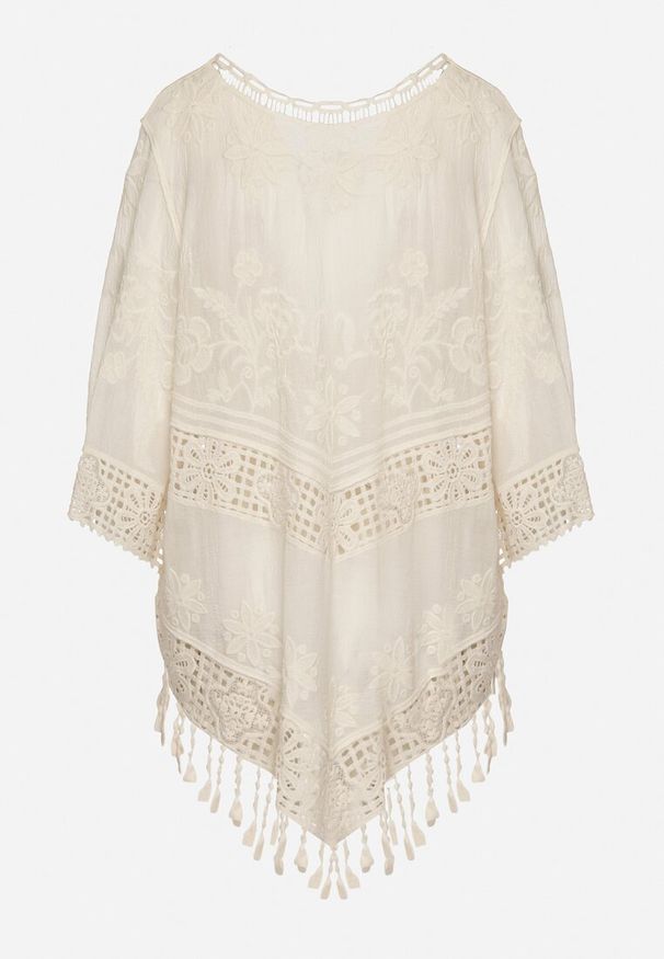 Born2be - Jasnobeżowa Bawełniana Bluzka Oversize w Stylu Boho z Haftem i Koroną Maivienne. Okazja: na co dzień. Typ kołnierza: dekolt w serek. Kolor: beżowy. Długość: krótkie. Wzór: haft. Materiał: bawełna. Długość rękawa: krótki rękaw. Sezon: lato, wiosna. Styl: boho