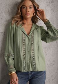 Renee - Zielona Koszula ze Stójką i Koronką Phaeninca. Okazja: na co dzień. Typ kołnierza: kołnierzyk stójkowy. Kolor: zielony. Materiał: koronka. Wzór: koronka. Styl: casual, elegancki #5