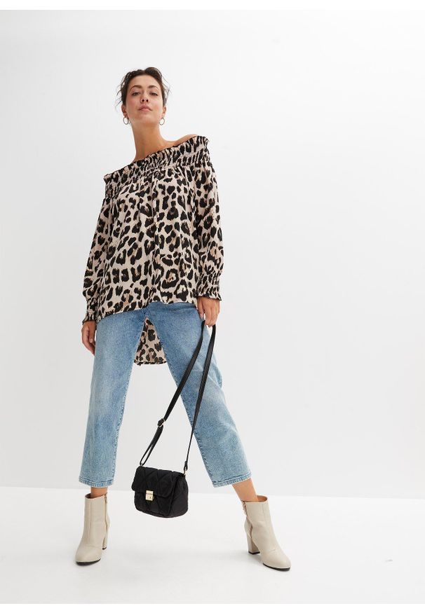 bonprix - Bluzka z dłuższym tyłem. Kolor: beżowy. Długość: długie