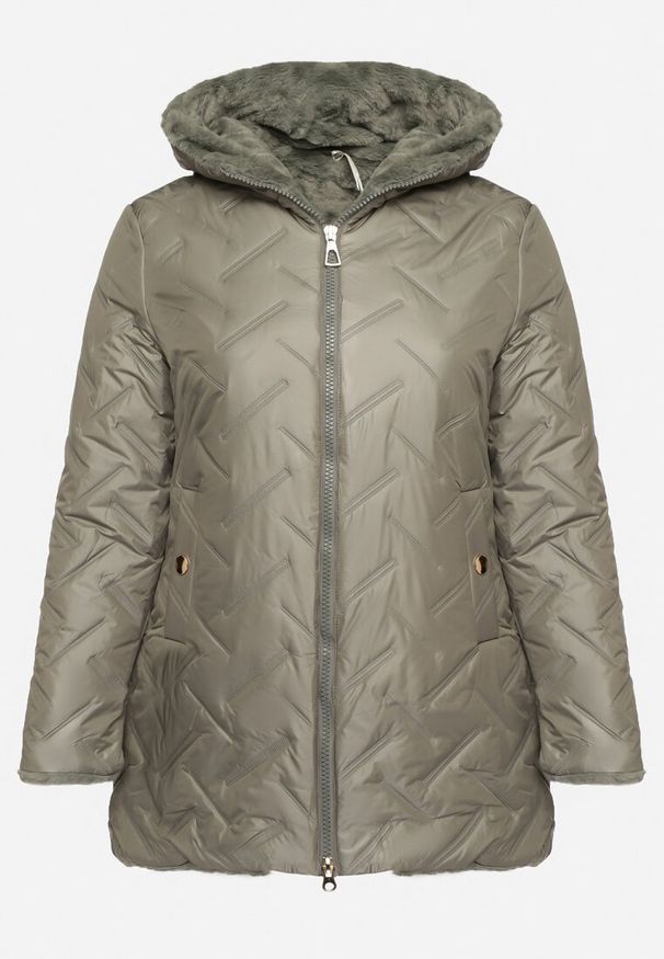 Born2be - Ciemnozielona Pikowana Kurtka z Kapturem Ocieplana Futerkiem Lealinea. Okazja: na co dzień. Typ kołnierza: kaptur. Kolekcja: plus size. Kolor: zielony. Materiał: futro. Długość: długie. Styl: casual