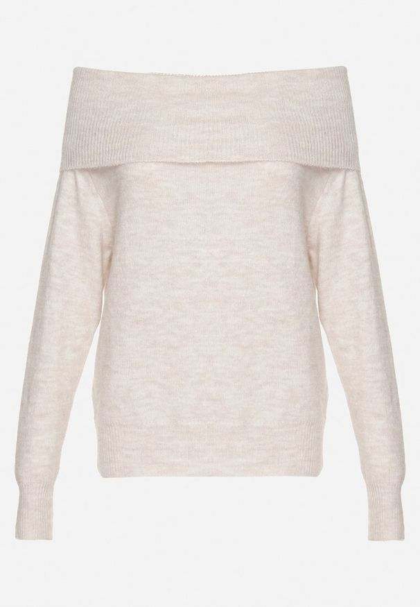 Born2be - Beżowy Sweter z Wełną Wiskozą i Wywiniętym Dekoltem Ravarina. Okazja: na co dzień. Kolor: beżowy. Materiał: wiskoza, wełna. Długość rękawa: długi rękaw. Długość: długie. Styl: elegancki, casual