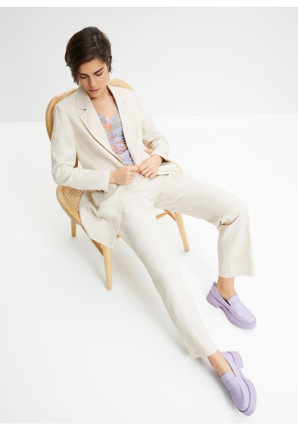 bonprix - Długi żakiet z mieszanki lnu i wiskozy. Typ kołnierza: dekolt w serek. Kolor: beżowy. Materiał: wiskoza, len. Długość: długie