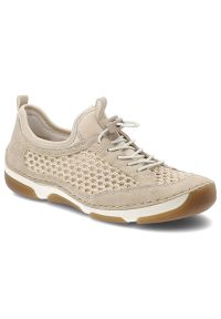 Półbuty damskie Rieker, cholewka ze skóry ekologicznej z przewiewnymi wstawkami z siateczki elastyczne sznurowanie wsuwany fason, beżowe, 55960-60. Zapięcie: sznurówki. Kolor: beżowy. Materiał: skóra ekologiczna. Szerokość cholewki: normalna #1