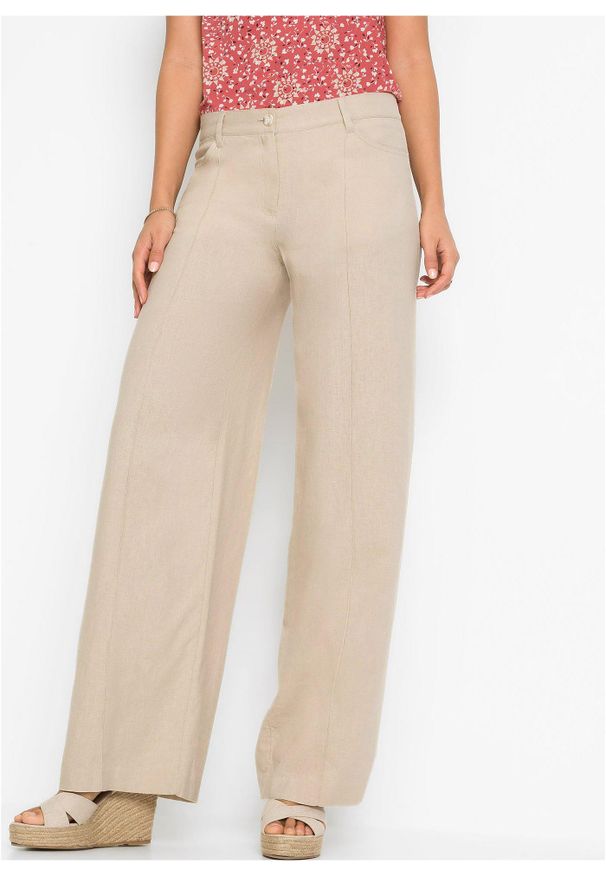 bonprix - Spodnie palazzo z przewiewnej mieszanki lnu. Kolor: beżowy. Materiał: len