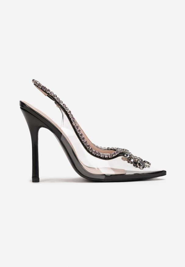 Renee - Czarne Sandały Transparentne z Cyrkoniami Vophi. Nosek buta: szpiczasty. Kolor: czarny. Styl: glamour, elegancki