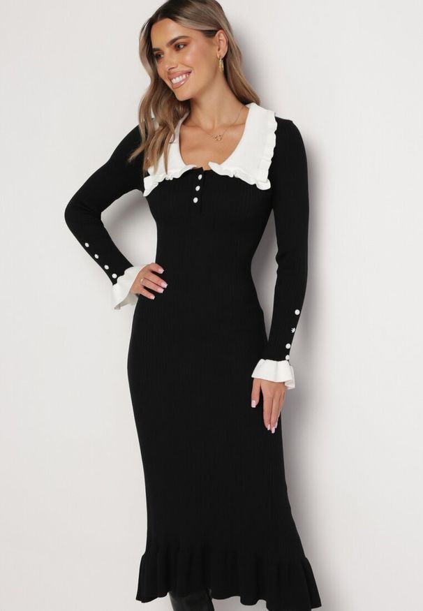 Born2be - Czarna Prążkowana Sukienka Midi z Kołnierzykiem z Guzikami i Falbanką Prestaria. Okazja: do pracy, na spotkanie biznesowe. Kolor: czarny. Materiał: prążkowany. Styl: biznesowy. Długość: midi