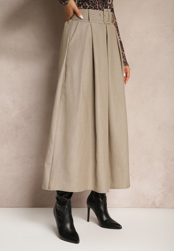 Renee - Ciemnobeżowa Spódnica z Wiskozą o Rozkloszowanym Kroju z Paskiem i Gumką w Talii Prianna. Okazja: na co dzień. Kolor: beżowy. Materiał: wiskoza. Sezon: wiosna, lato. Styl: casual, elegancki, klasyczny