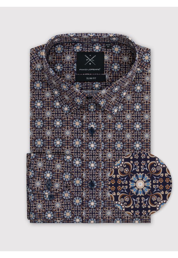 Pako Lorente - PAKO LORENTE – Koszula męska we wzór geometryczny. Typ kołnierza: kołnierzyk klasyczny. Materiał: elastan, bawełna. Długość rękawa: długi rękaw. Długość: długie. Wzór: geometria