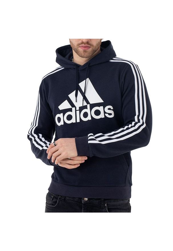 Adidas - Bluza adidas Essentials Fleece 3-Stripes Logo Hoodie H14642 - granatowa. Okazja: na co dzień. Typ kołnierza: kaptur. Kolor: niebieski. Materiał: poliester, bawełna, wiskoza. Wzór: aplikacja, paski. Styl: klasyczny, casual