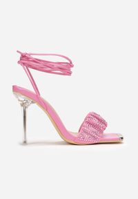 Renee - Różowe Sandały na Transparentnej Szpilce z Cyrkoniami i Wiązaniem na Łydce Beista. Kolor: różowy #3