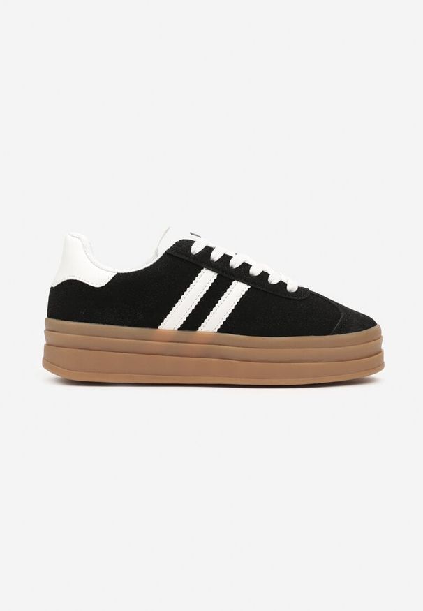 Born2be - Czarne Sneakersy na Platformie z Minimalistycznymi Przeszyciami Teritha. Okazja: na spacer. Nosek buta: okrągły. Zapięcie: sznurówki. Kolor: czarny. Materiał: syntetyk, jeans, nubuk. Obcas: na platformie. Wysokość obcasa: niski. Sport: turystyka piesza, fitness