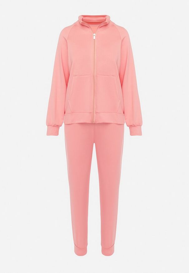 Born2be - Różowy Bawełniany Komplet Dresowy Rozpinana Bluza z Golfem i Elastyczne Spodnie Kanaspa. Kolor: różowy. Materiał: dresówka, bawełna. Sport: golf