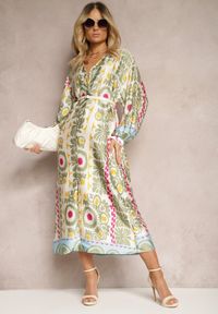 Renee - Beżowo-Zielona Pudełkowa Sukienka z Satynowej Tkaniny w Ornamentalny Wzór Allilena. Kolor: beżowy. Materiał: tkanina, satyna
