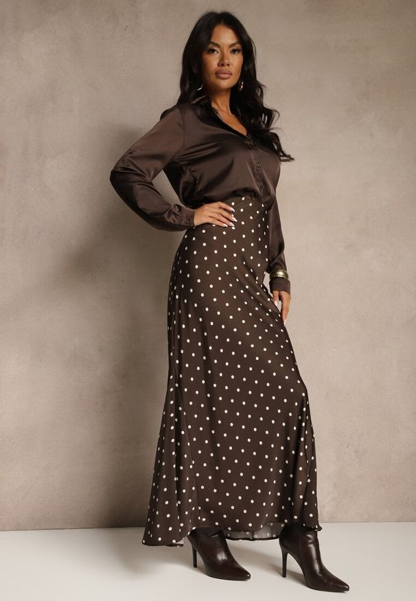 Renee - Brązowa Spódnica High Waist w Kropki o Trapezowym Kroju Ravea. Okazja: do pracy, na spacer, na co dzień, na spotkanie biznesowe. Stan: podwyższony. Kolor: brązowy. Wzór: kropki. Styl: casual, elegancki, biznesowy