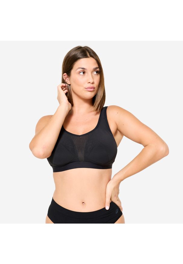 Stanik sportowy Decathlon. Kolekcja: plus size. Kolor: czarny. Materiał: skóra, materiał, elastan. Sport: fitness