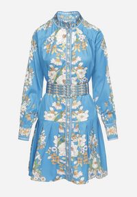 Born2be - Niebieska Sukienka Koszulowa w Kwiatowy Wzór z Bufiastymi Rękawami i Paskiem Aladira. Okazja: na co dzień. Kolor: niebieski. Wzór: kwiaty. Typ sukienki: koszulowe. Styl: casual, elegancki #2