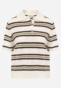 Renee - Zielono-Kremowy T-shirt Polo z Wiskozą w Paski z Guzikami Vevevia. Okazja: na co dzień. Typ kołnierza: polo. Kolor: zielony. Materiał: wiskoza. Wzór: paski. Styl: casual, sportowy #5