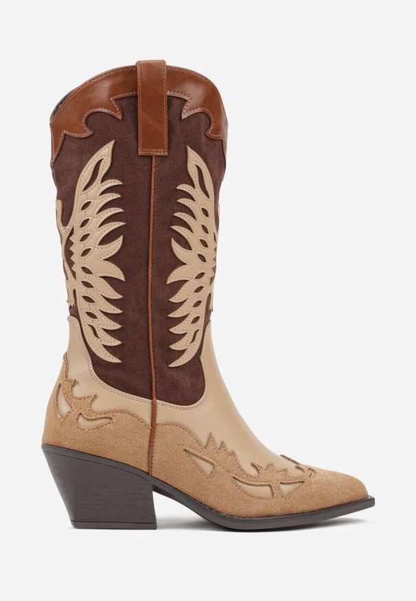 Renee - Brązowe Botki Kowbojki na Stożku z Tłoczoną Cholewką Badilora. Kolor: brązowy. Materiał: jeans. Szerokość cholewki: normalna. Obcas: na stożku. Wysokość obcasa: średni