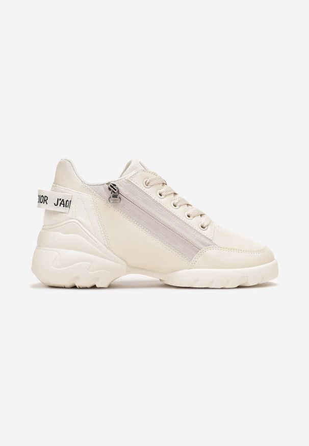 Renee - Beżowe Sznurowane Sneakersy na Grubej Podeszwie z Suwakami Zazila. Kolor: beżowy