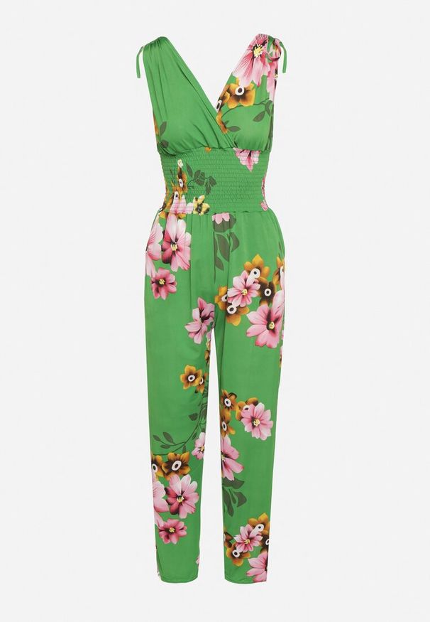 Born2be - Zielony Kombinezon w Kwiaty z Trójkątnym Dekoltem i Troczkami na Ramionach Benan. Okazja: na co dzień. Kolor: zielony. Wzór: kwiaty. Sezon: lato. Styl: casual, elegancki