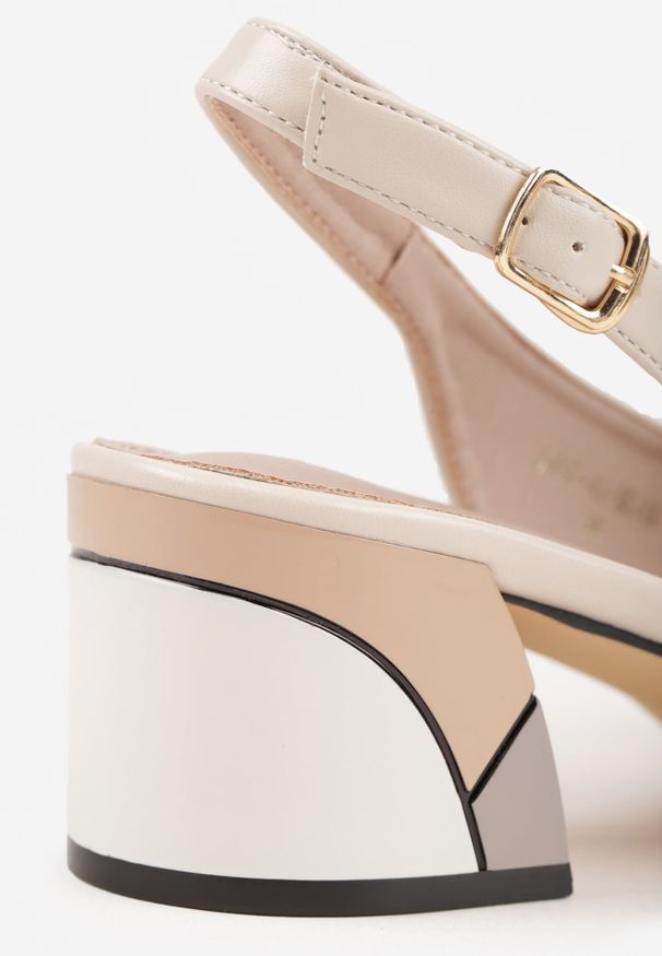 Renee - Beżowe Czółenka VICES na Slupku Slingback z Geometrycznym Wzorem i Aplikacją Savalise. Zapięcie: sprzączka. Kolor: beżowy. Materiał: satyna. Wzór: geometria, aplikacja. Obcas: na słupku