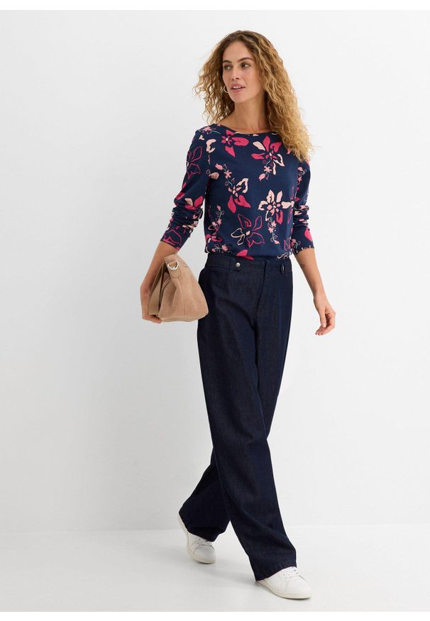 bonprix - Shirt z długim rękawem, w kwiaty. Kolor: niebieski. Materiał: bawełna. Długość rękawa: długi rękaw. Długość: długie. Wzór: kwiaty