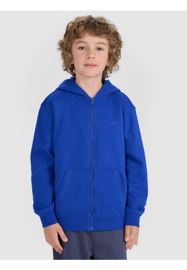 4f - 4F Bluza dresowa rozpinana z kapturem chłopięca - niebieska 140 (9-10 lat). Okazja: na co dzień. Typ kołnierza: kaptur. Kolor: niebieski. Materiał: dresówka. Wzór: gładki, ze splotem. Sezon: lato. Styl: casual, sportowy