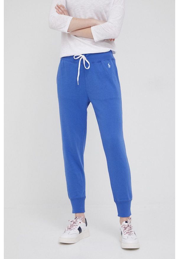 Polo Ralph Lauren spodnie 211780215018 damskie gładkie. Kolor: niebieski. Materiał: dzianina. Wzór: gładki
