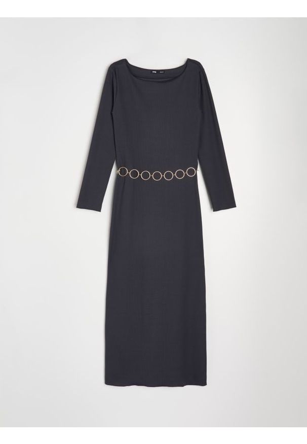 Sinsay - Prążkowana sukienka maxi z paskiem z kółek - niebieski. Kolor: niebieski. Materiał: prążkowany. Długość: maxi