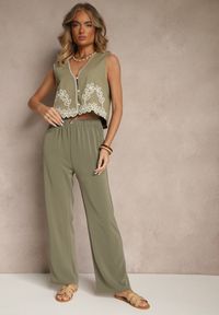 Renee - Zielone Wiskozowe Spodnie High Waist o Prostym Fasonie Saliella. Okazja: na co dzień. Stan: podwyższony. Kolor: zielony. Materiał: wiskoza. Sezon: lato, wiosna. Styl: casual, elegancki