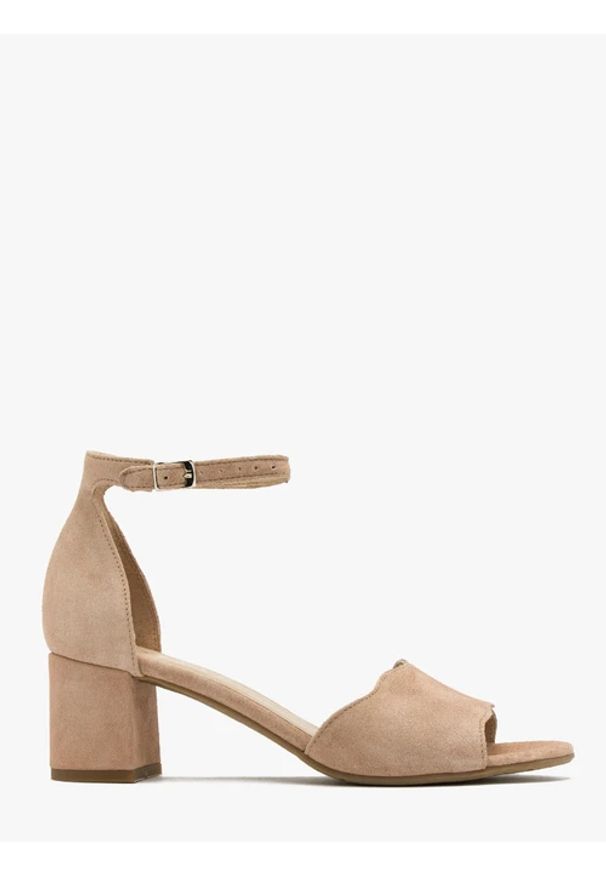 Ryłko - Beżowe sandały z ozdobną cholewką. Zapięcie: pasek. Kolor: beżowy. Materiał: skóra, welur. Sezon: lato. Obcas: na obcasie. Wysokość obcasa: średni