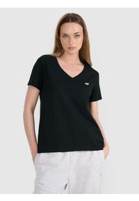 4f - 4F T-shirt oversize gładki damski - czarny XL. Okazja: na co dzień. Typ kołnierza: dekolt w serek. Kolor: czarny. Materiał: bawełna, jersey, dzianina, tkanina. Długość rękawa: krótki rękaw. Długość: krótkie. Wzór: gładki. Styl: sportowy, klasyczny, casual